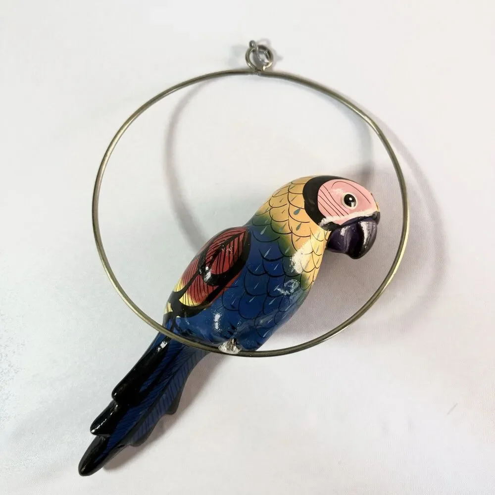 Mexican Folk Art Ceramic Bird Parrot Mexico on Hanging Ring Hoop 10